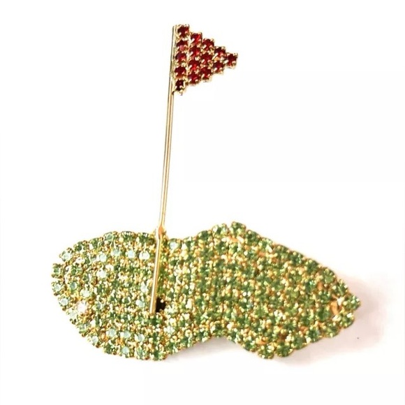 Vintage Rhinestone Golf Ball Putting Red Flag Large Green Gold-tone Pin Brooch - Picture 4 of 6
